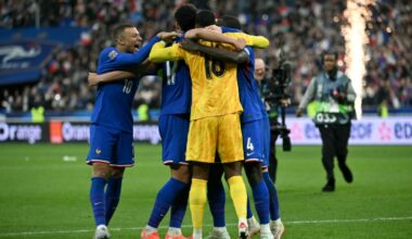 Kylian Mbappe (L) celebrates with teammates after France beat Croatia on penalties in their UEFA Nations League quarter-final (Bertrand GUAY)