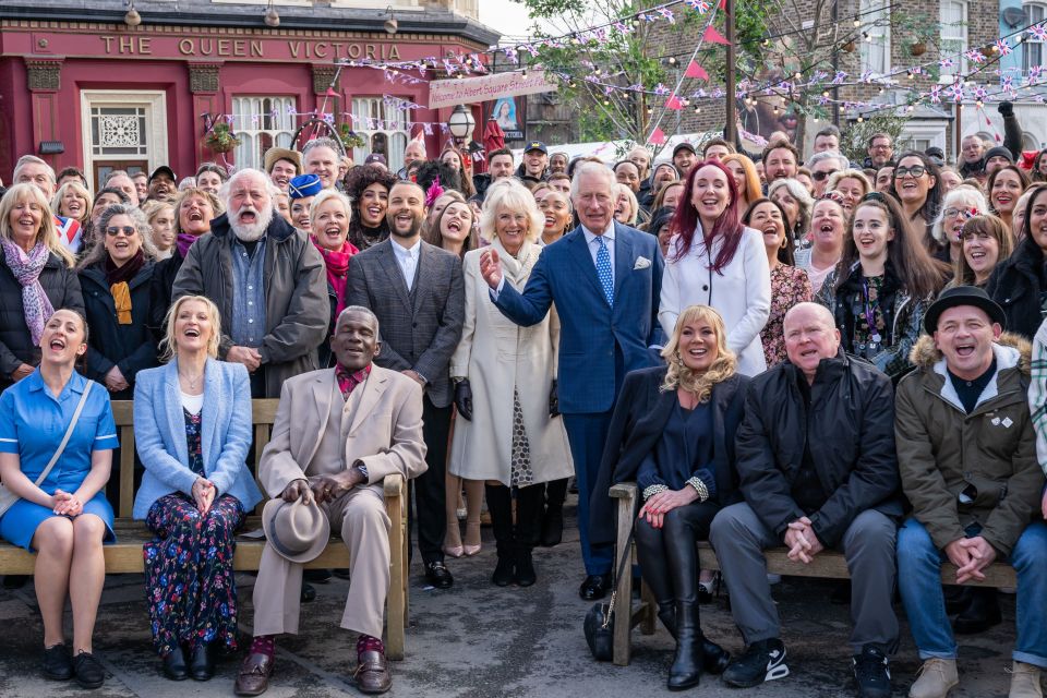 Prince Charles and Camilla, Duchess of Cornwall, visiting the set of EastEnders with the cast and crew.