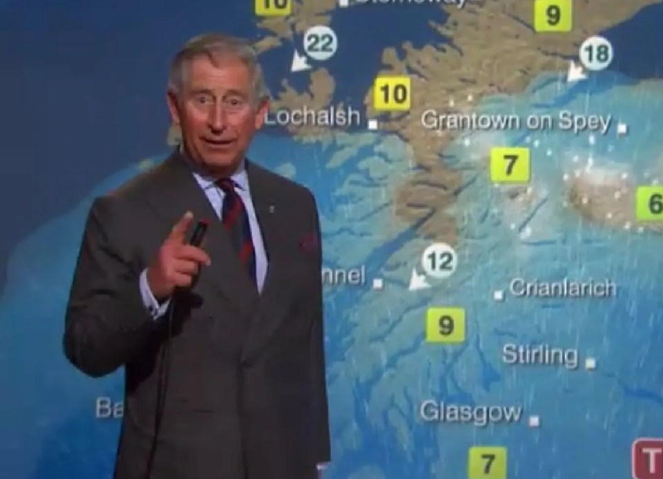 Prince Charles presenting a weather report on BBC Scotland News.