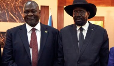 South Sudanese President Salva Kiir (right) with First Vice President Riek Machar at the State House in Juba in February 2020, South Sudan