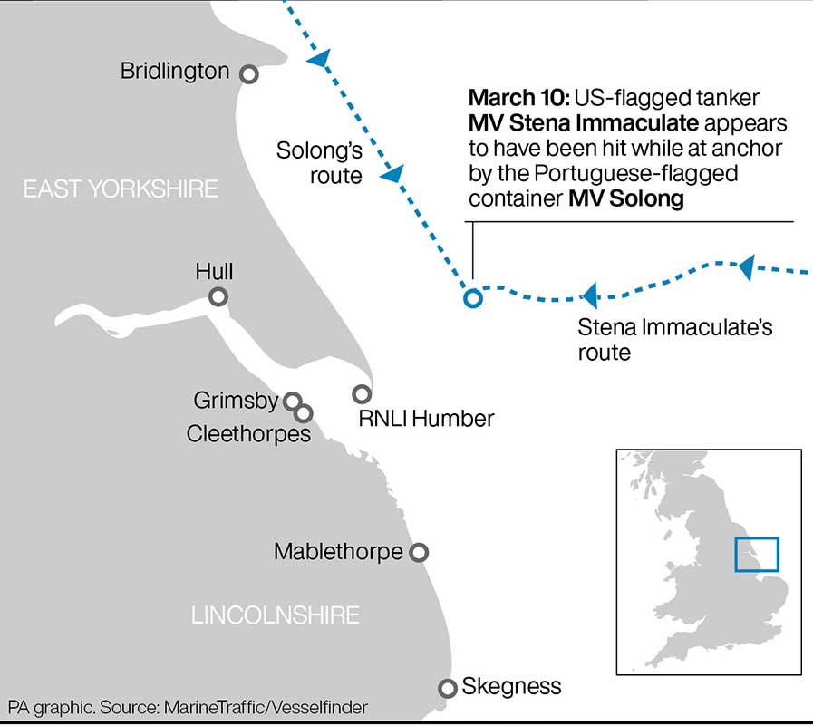 The collision took place in the North Sea off the East Yorkshire coast. (PA)