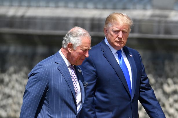 LONDON, ENGLAND - JUNE 03: US President Donald Trump (R) is greeted by Prince Charles, Prince of Wales at Buckingham Palace on June 3, 2019 in London, England. President Trump's three-day state visit will include lunch with the Queen, and a State Banquet at Buckingham Palace, as well as business meetings with the Prime Minister and the Duke of York, before travelling to Portsmouth to mark the 75th anniversary of the D-Day landings. (Photo by Jeff J Mitchell/Getty Images)