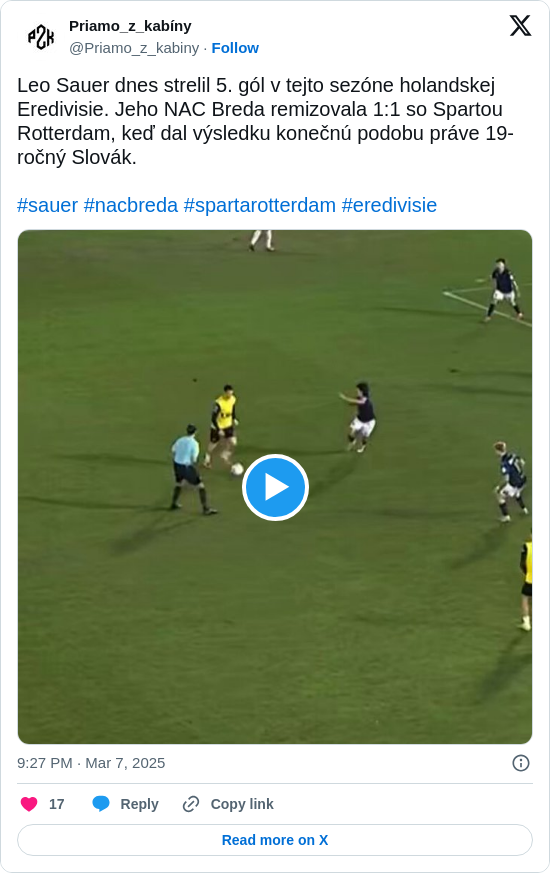 Priamo_z_kabíny: Leo Sauer dnes strelil 5. gól v tejto sezóne holandskej Eredivisie. Jeho NAC Breda remizovala 1:1 so Spartou Rotterdam, keď dal výsledku konečnú podobu práve 19-ročný Slovák. 

#sauer #nacbreda #spartarotterdam #eredivisie https://t.co/mHwq6CWYD2