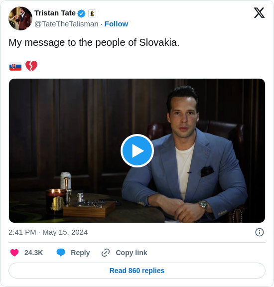 Tristan Tate: My message to the people of Slovakia. 

🇸🇰 💔 https://t.co/HA1OxuMiTx