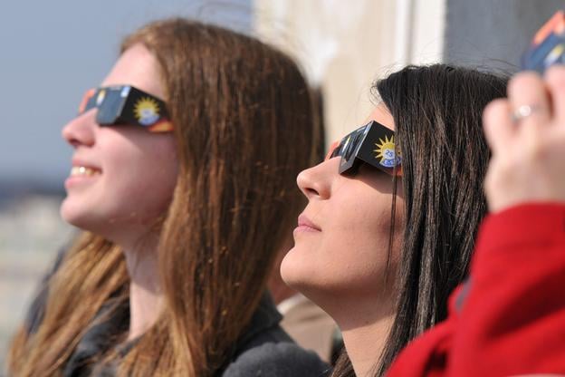 Proper eye protection is necessary to avoid any lasting eye damage. Solar eclipse glasses can be bought at observatories. Welding goggles, provided they have shade level at least 12 or 14, are also suitable.