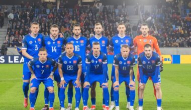 The Slovak national team posing before its match against Slovenia in Nations League.