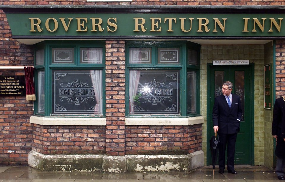 Prince Charles at the Rovers Return Inn on Coronation Street.