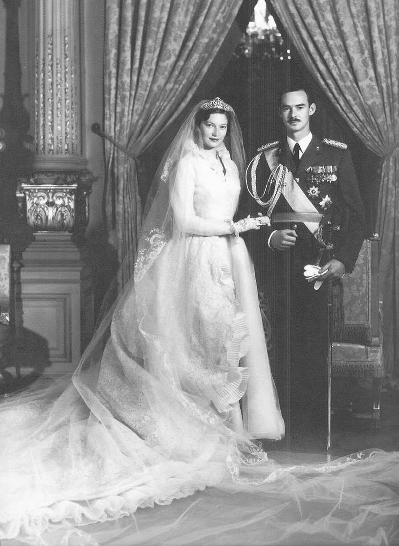 Official wedding portrait of Hereditary Grand Duke Jean of Luxembourg and Princess Joséphine-Charlotte of Belgium, April 9, 1953