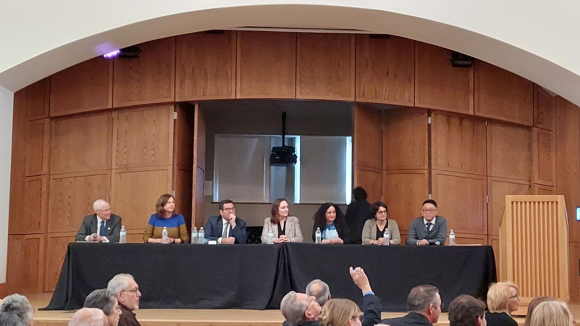 The panelists during the discussion: from the left, Mr. Keith Peterson, Dr. Lindy Crewe, Ambassador Savva, Prof. Laura Swantek, Dr. Artemis Georgiou, Dr. Anna Georgiades, and Prof. Young Richard Kim