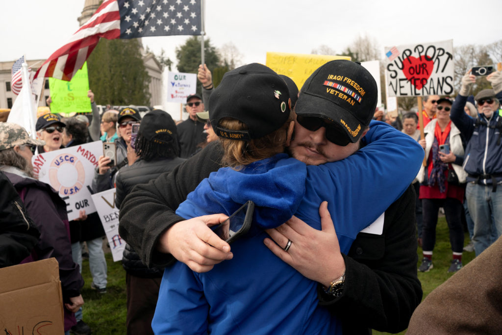 Veterans protest at the Washington state capitol in Olympia