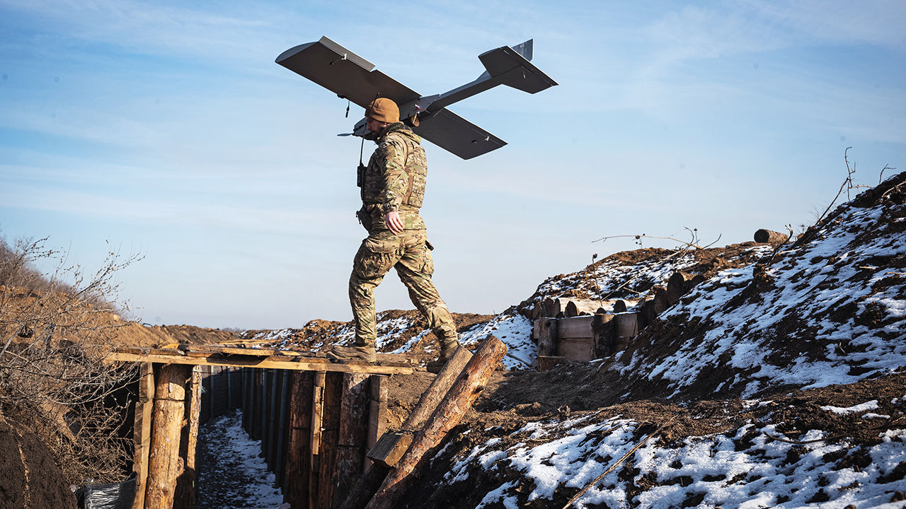 A drone operator of 3rd Assault Brigade is seen working at positions near the frontline in the direction of Borova,  rural settlement in Izium Raion, Kharkiv Oblast, Ukraine.
