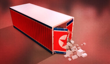 Illustration of a shipping container with the North Korean flag on it with packages spilling out of it