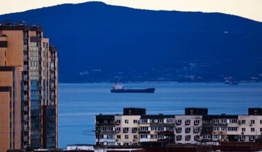 Apartments buildings in front of Tsemes Bay in Novorossiysk, Russia