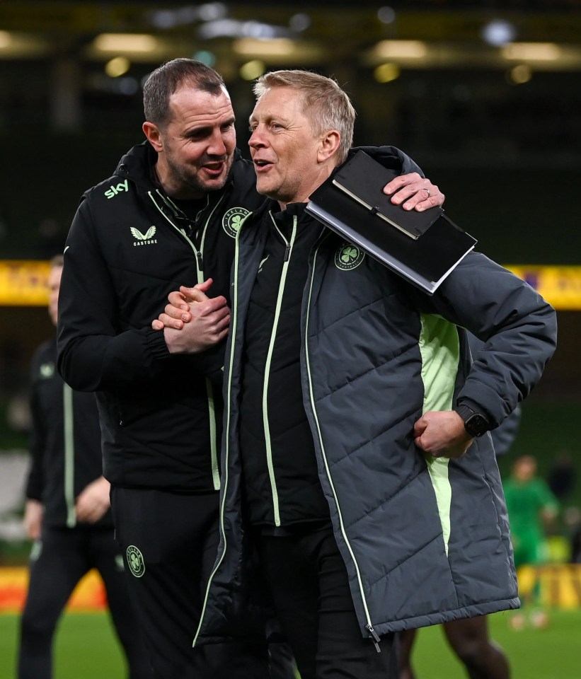 Republic of Ireland's head coach and assistant coach after a soccer match.