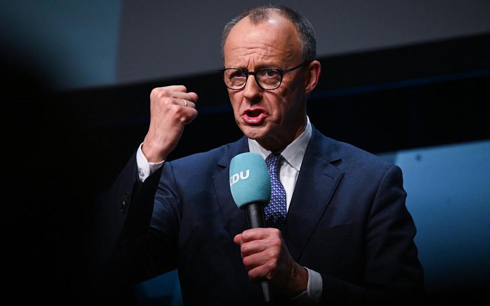 Friedrich Merz, incoming German chancellor and CDU leader, speaks at an election campaign event