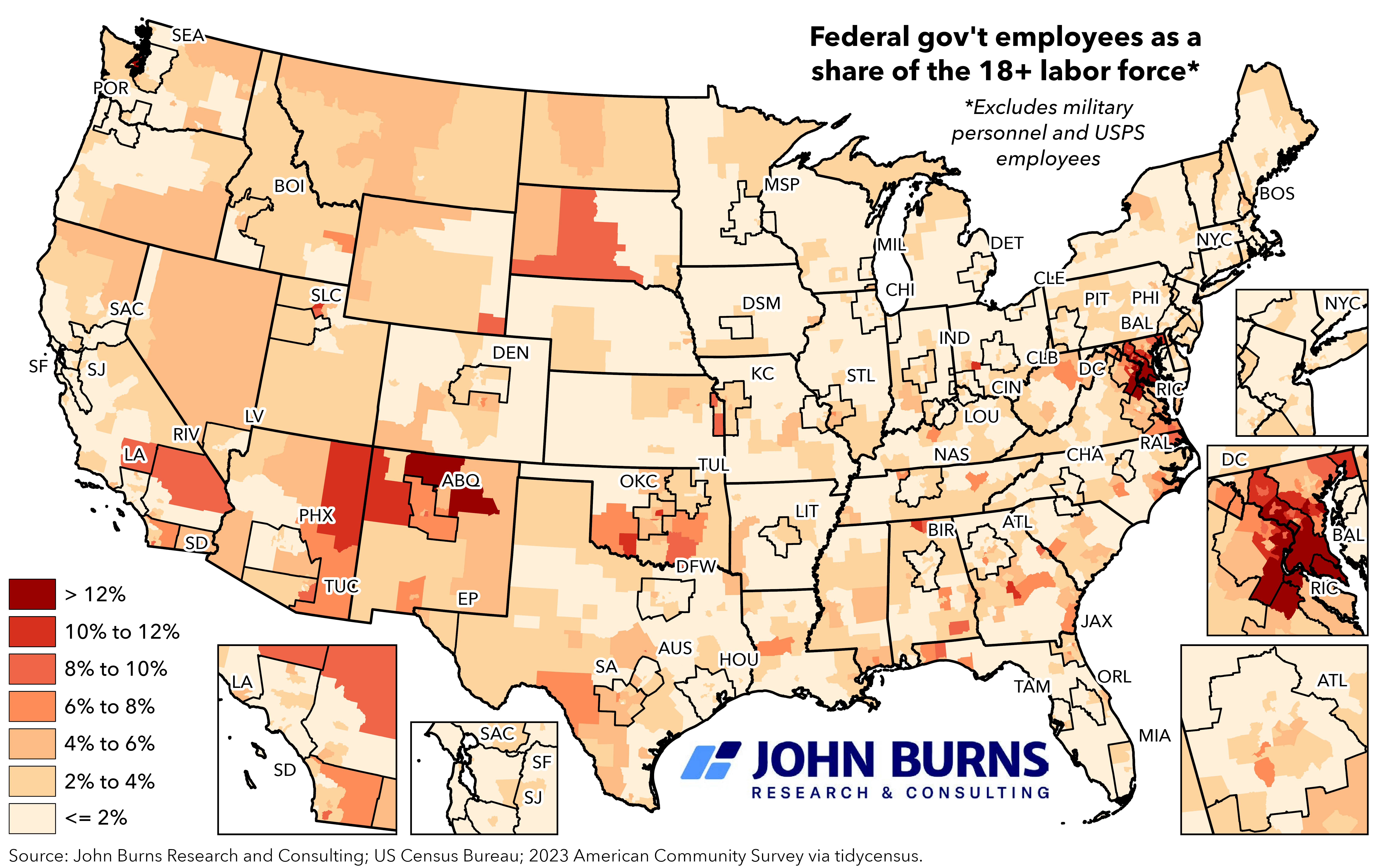 Federal Government Employees' Share of the 18+ Labor Force [OC]