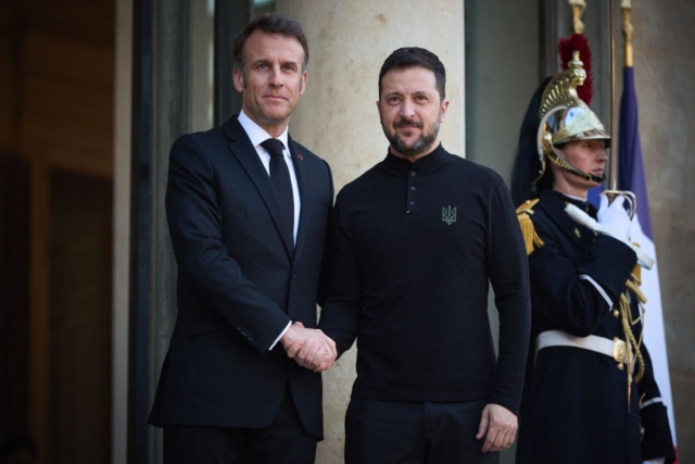 French President Emmanuel Macron with his Ukrainian counterpart Volodymyr Zelenskyy France Announces $2.2B Ukraine Aid Package With Joint Weapons Production, MICA Missiles for Mirage Jets