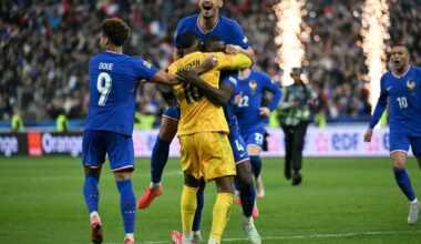 France's players celebrate their victory from a penalty shoot-out at the end of the UEFA Nations League quarter-final second-leg football match between France and Croatia at the Stade de France in Saint-Denis, north of Paris, on March 23, 2025. (Photo by Bertrand GUAY / AFP)
