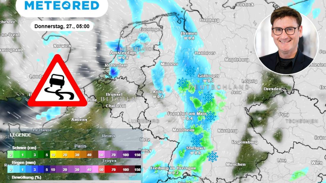 Die Wetterkarte zeigt die möglichen Regen- und Schneefälle am Donnerstagmorgen (27. Februar). 