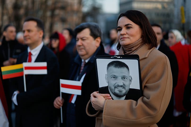 Belarusian opposition leader Sviatlana Tsikhanouskaya attends a celebration marking the anniversary of the declaration of independence of Belarus in Vilnius, 25 March, 2025