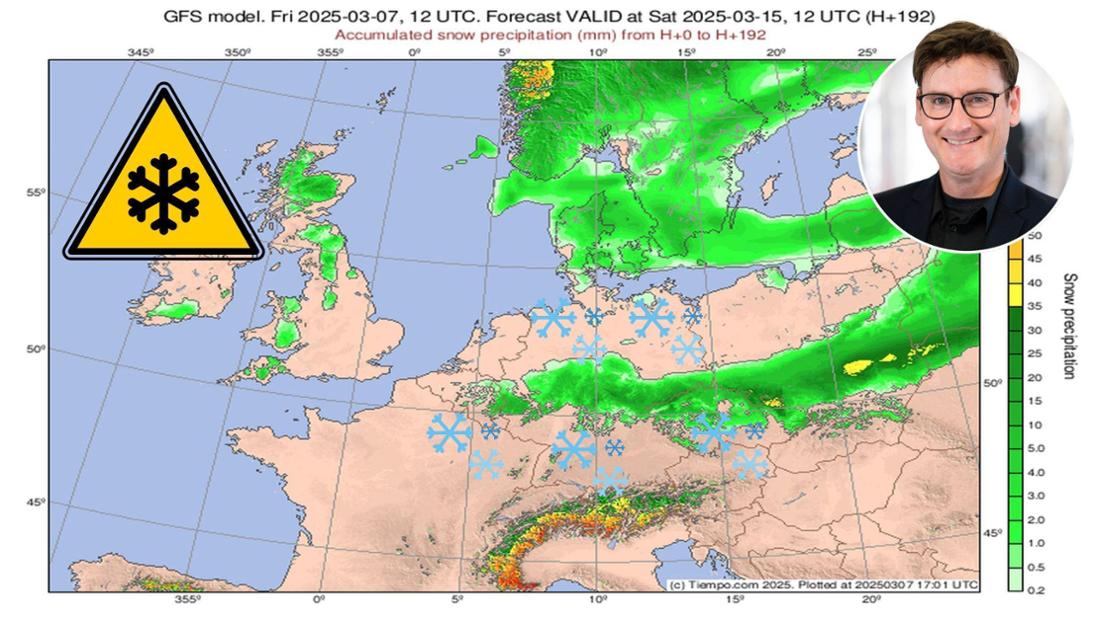 Die Wetterkarte zeigt die Schneehöhen in Europa am Samstag (15. März).