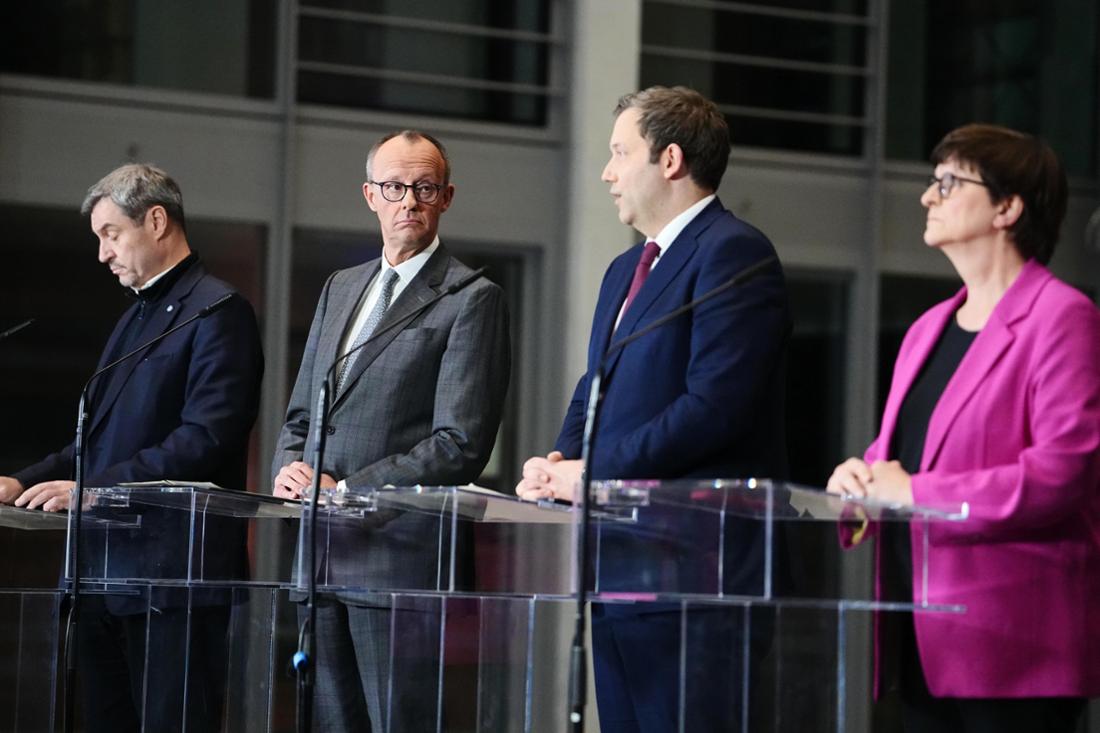 Markus Söder, Friedrich Merz, Lars Klingbeil und Saskia Esken sind die führenden Köpfe in den Sondierungsberatungen zwischen Union und SPD gewesen. Eine Ankündigung zum Mindestlohn schlägt hohe Wellen.