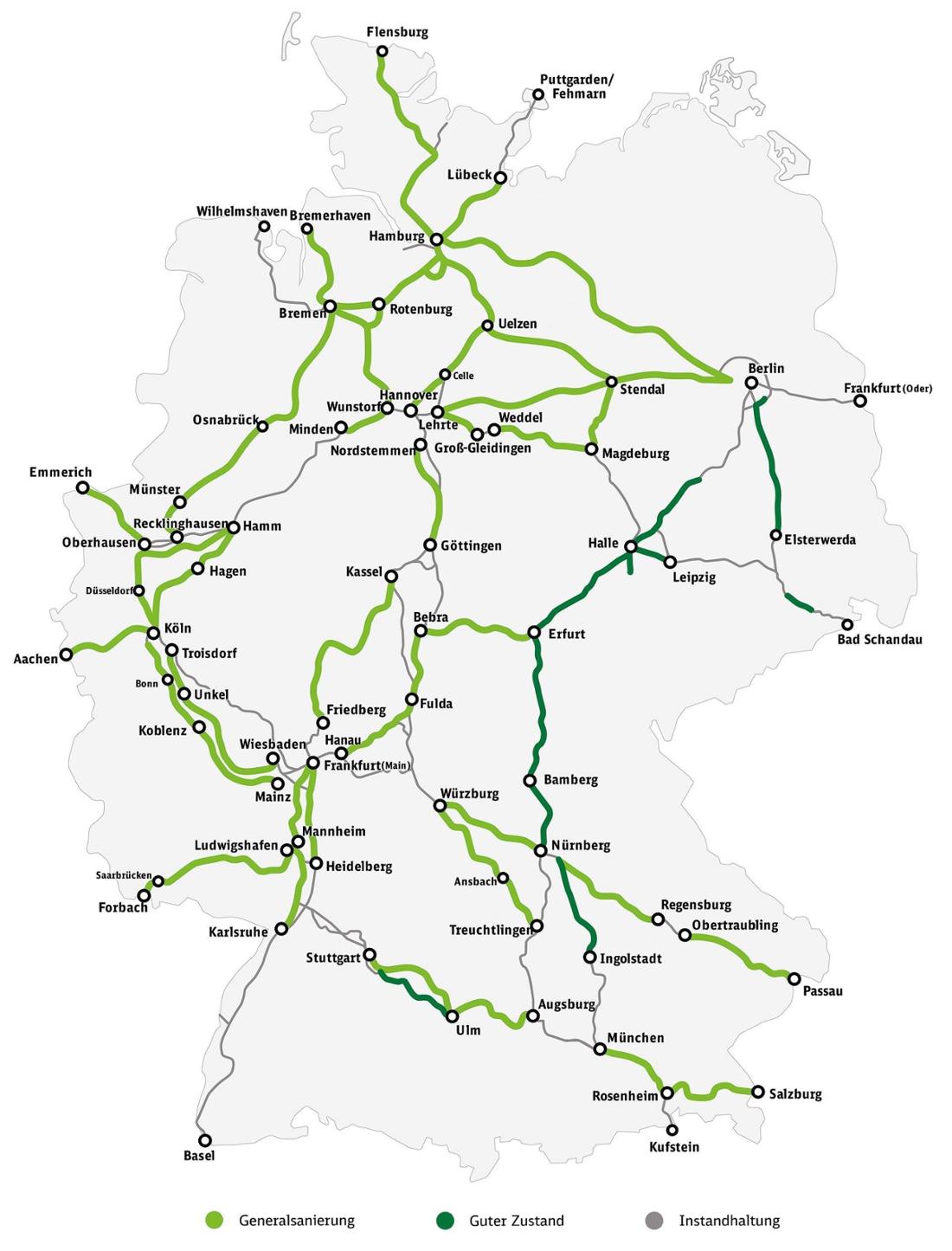 Streckennetz der DB zu Generalsanierungen und guten Strecken