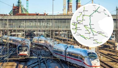 Züge am Münchner Hbf und Streckenkarte der DB