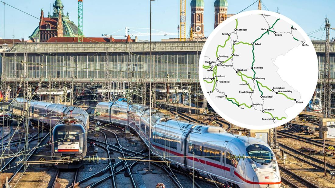 Züge am Münchner Hbf und Streckenkarte der DB