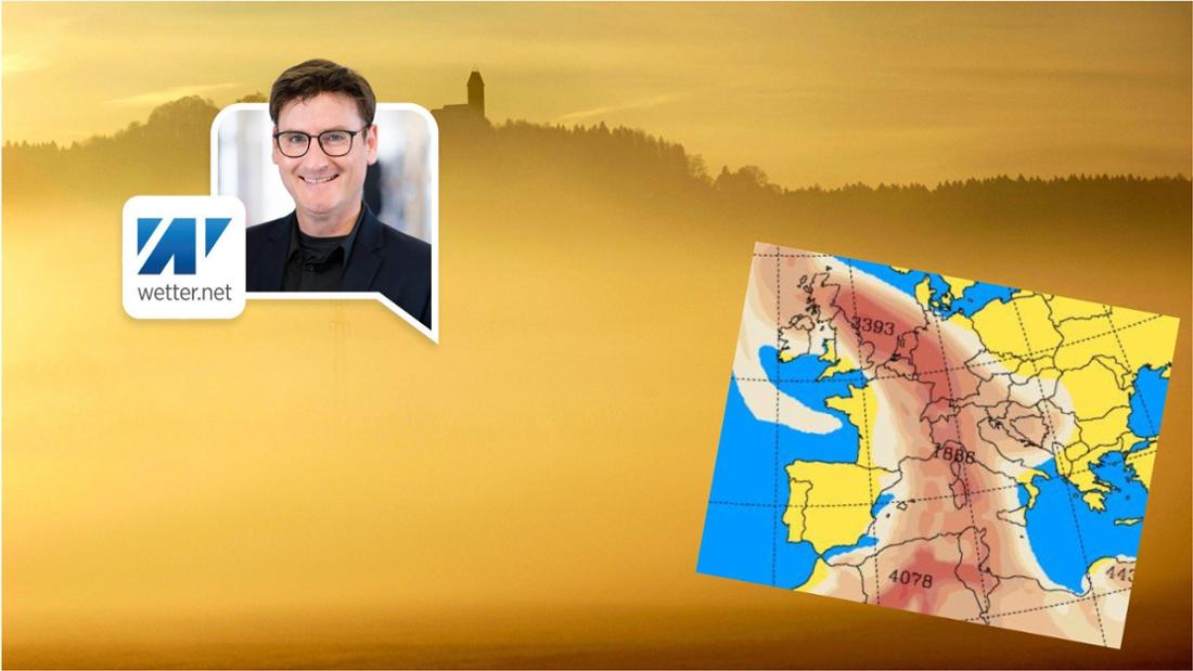 Das Bild zeigt einen getrübten Himmel und eine Karte mit der Saharastaubverteilung in Europa.