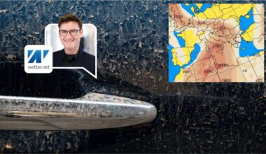 Ein Auto ist mit Saharastaub überzogen, dazu die Karte, die die aktuelle Saharastaubverteilung zeigt.