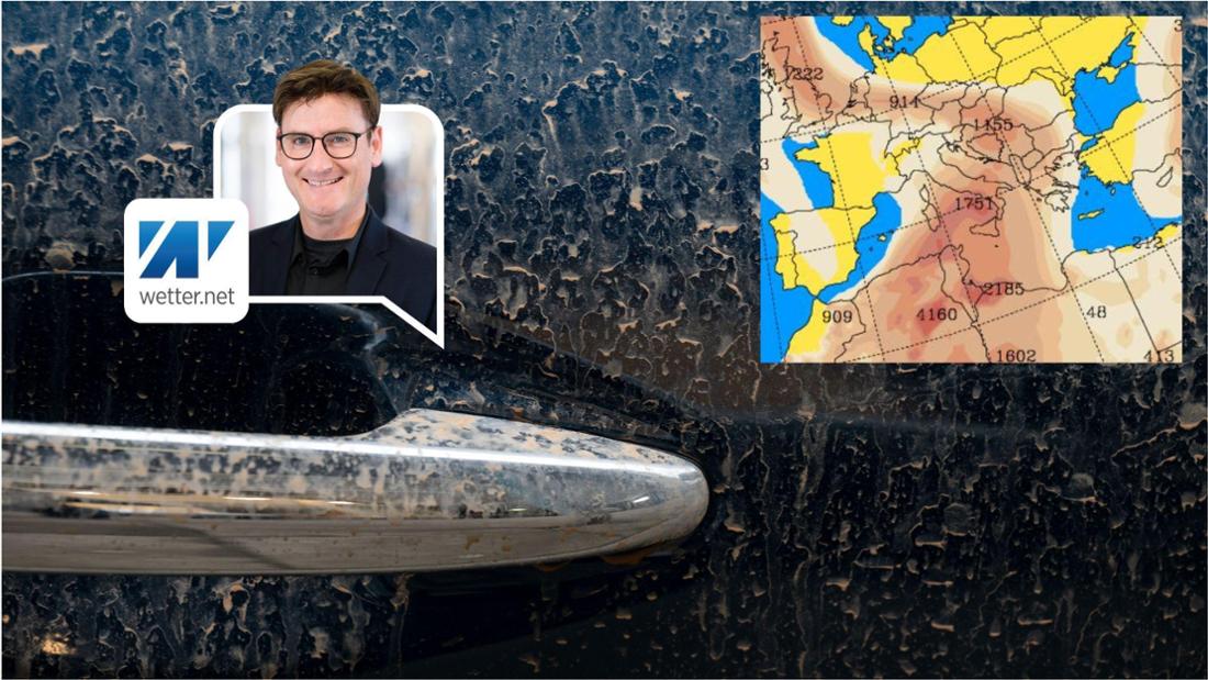 Ein Auto ist mit Saharastaub überzogen, dazu die Karte, die die aktuelle Saharastaubverteilung zeigt.