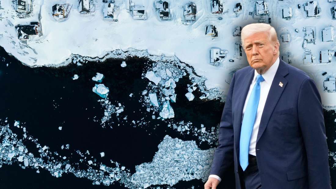 Die Fotomontage zeigt ein Ufer Grönlands im Hintergrund und US-Präsident Donald Trump im Vordergrund.