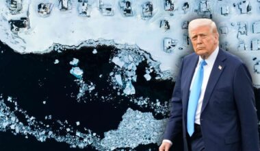 Die Fotomontage zeigt ein Ufer Grönlands im Hintergrund und US-Präsident Donald Trump im Vordergrund.