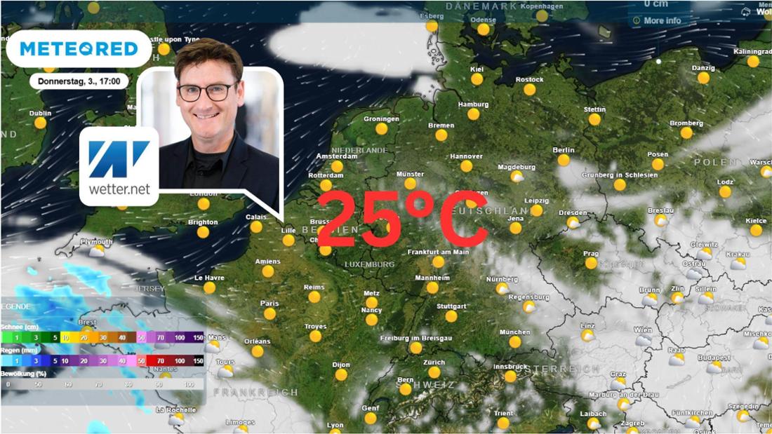 Wetterkarte zeigt das Hoch im Wochenverlauf. Kaum Regen.