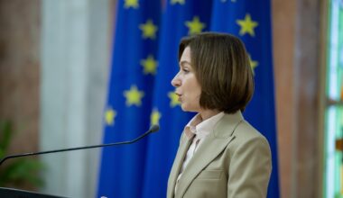 President of Moldova Maia Sandu delivers her speech during a joint press conference with President of the European Council António Costa (not pictured) at the Presidential Palace during his official visit to Chiinu, Moldova, 03 March 2025.
