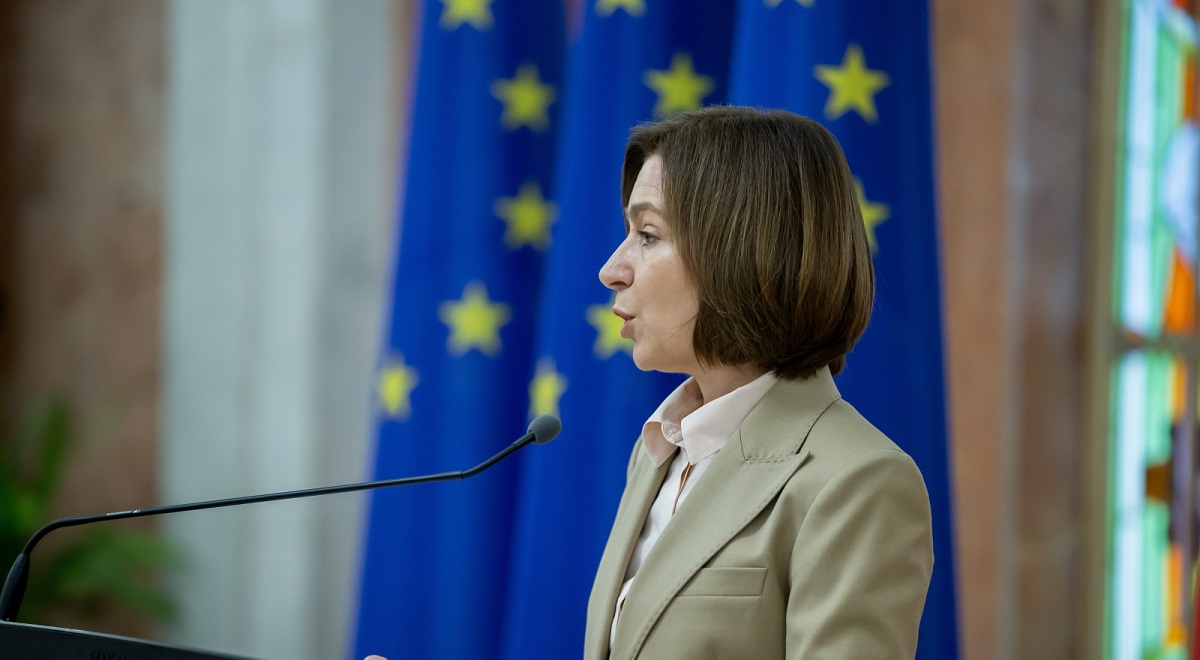 President of Moldova Maia Sandu delivers her speech during a joint press conference with President of the European Council António Costa (not pictured) at the Presidential Palace during his official visit to Chiinu, Moldova, 03 March 2025.