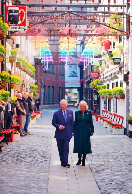 King Charles III and Queen Camilla during a visit to Commercial Court, Belfast, which was ranked as the most "attractive street" in Northern Ireland in 2022, on the first day of their visit to Northern Ireland. Ben Birchall/PA Wire
