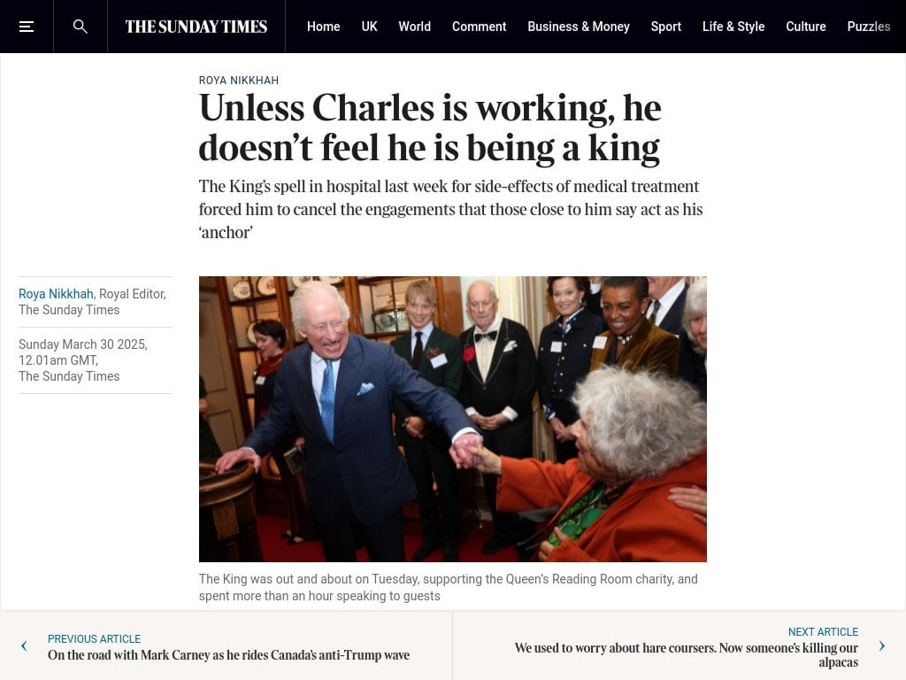 Unless Charles is working, he doesn’t feel he is being a king