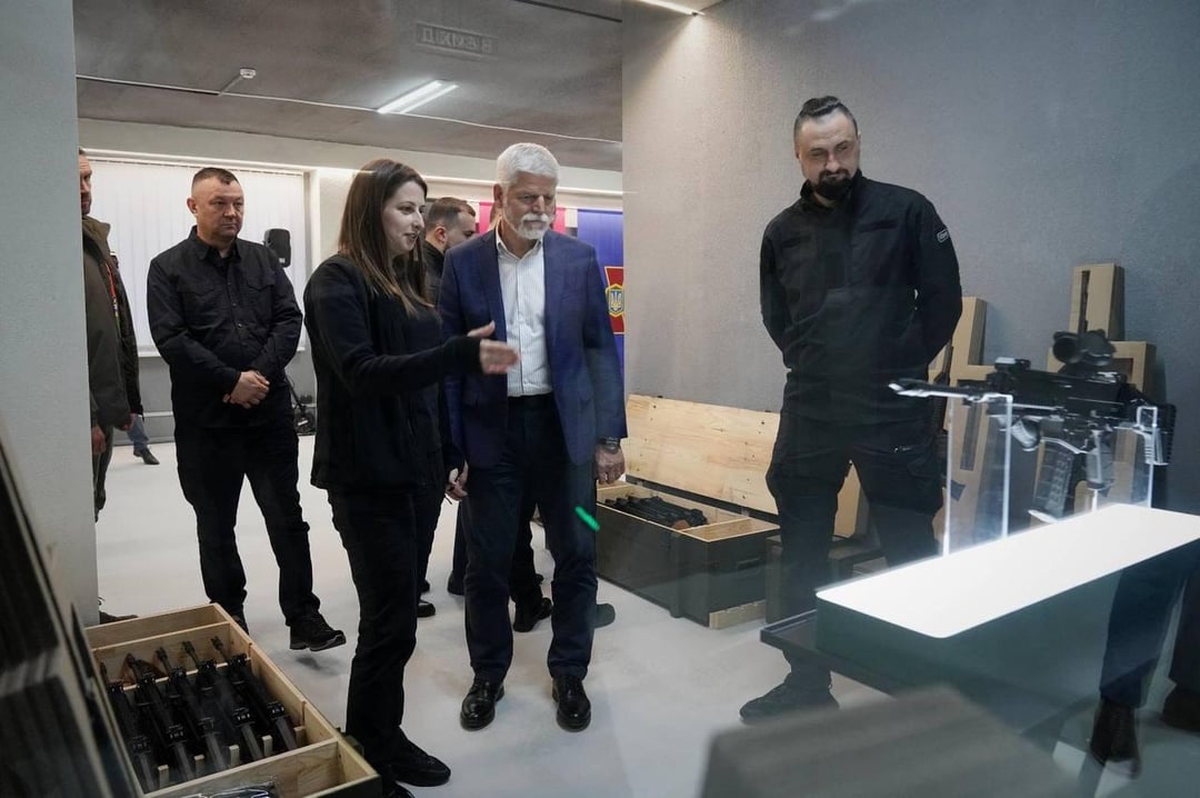 The President of the Czech Republic, Petr Pavel, oversees the production of Czech Bren-2 assault rifles, at a facility in Ukraine.