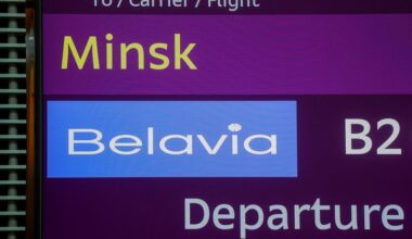 FILE PHOTO: An information board during a check-in for a flight of Belavia Belarusian Airlines heading to Minsk, at Boryspil International Airport outside Kyiv
