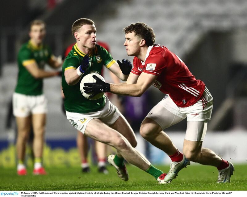 Cork's Neil Lordan clears his lines despite the pressure from Meath's Matthew Costello in the Football League Division 2 meeting at Páirc Ui Chaoimh in Cork. Picture: Michael P Ryan/Sportsfile