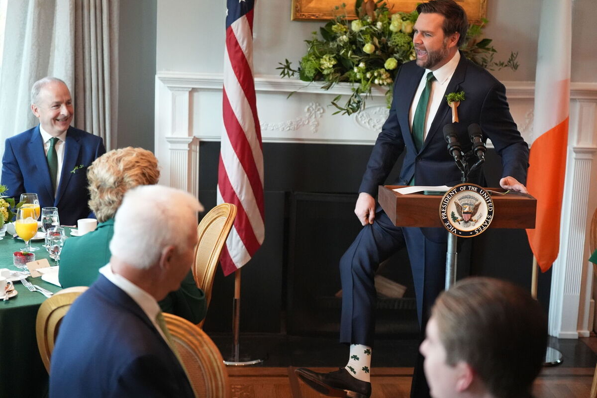 US vice president JD Vance showing off his shamrock socks while speaking at a breakfast meeting. Picture: Niall Carson/PA Wire