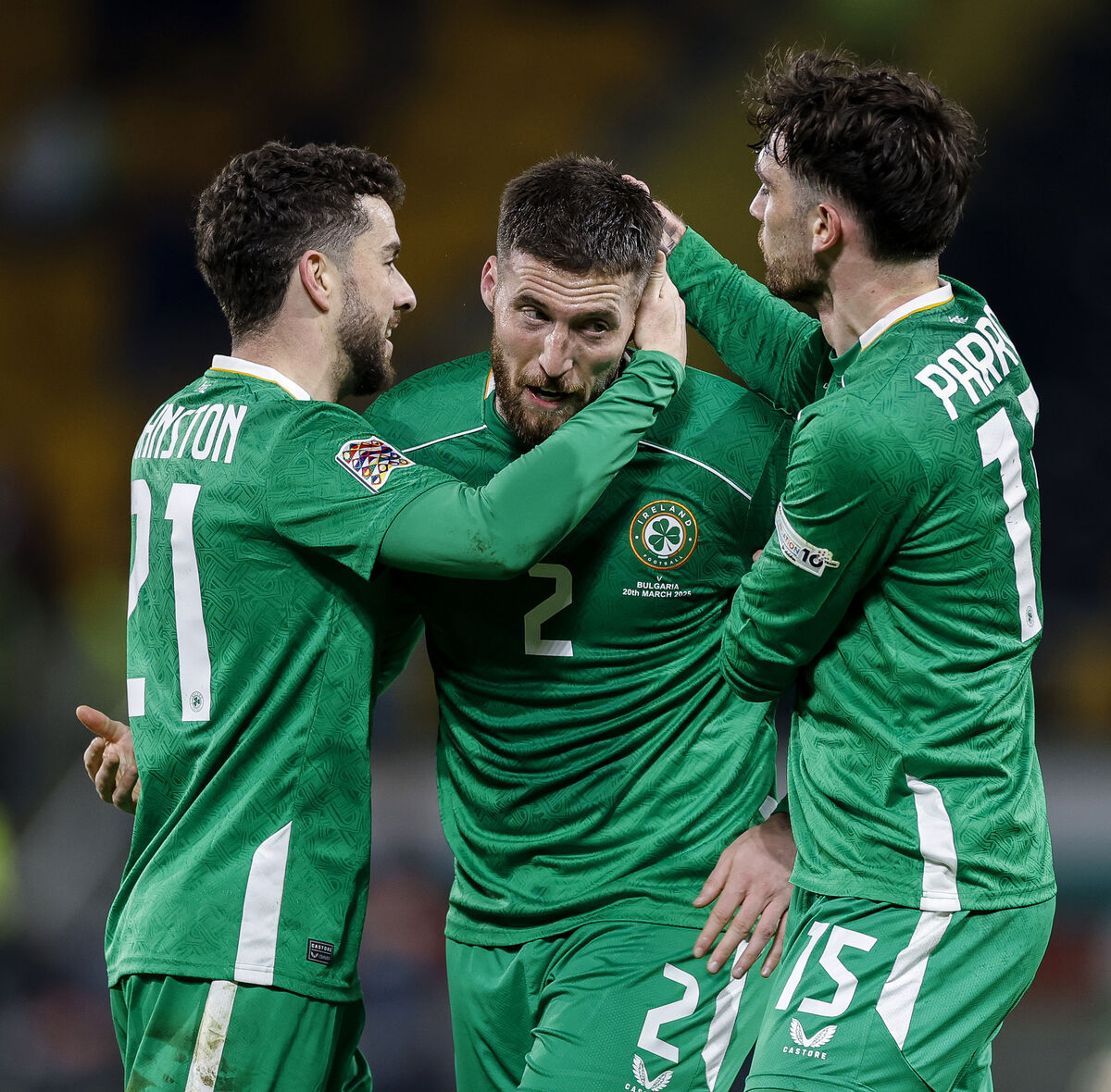Ireland's Matt Doherty celebrates scoring his sides second goal with Mikey Johnston and Troy Parrott. Picture: INPHO/Kostadin Andonov