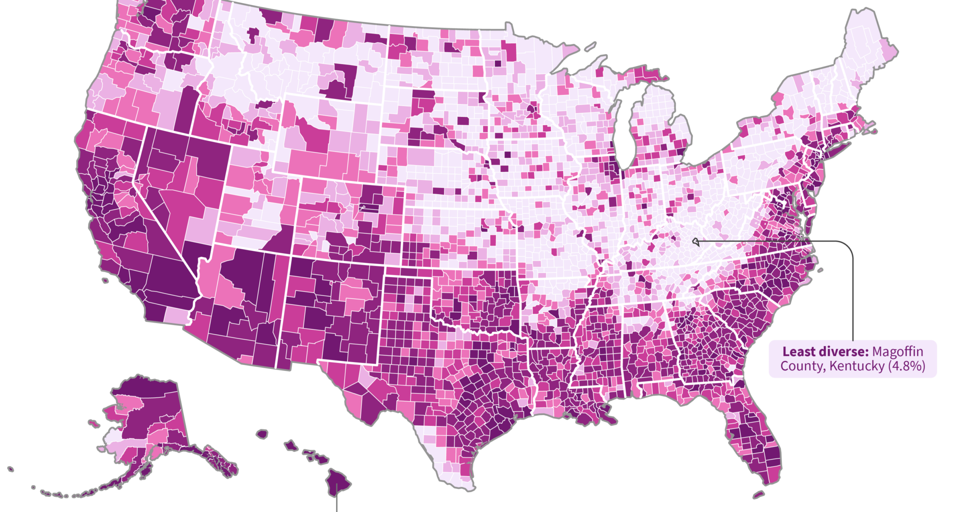 The most and least diverse counties in the US [OC]