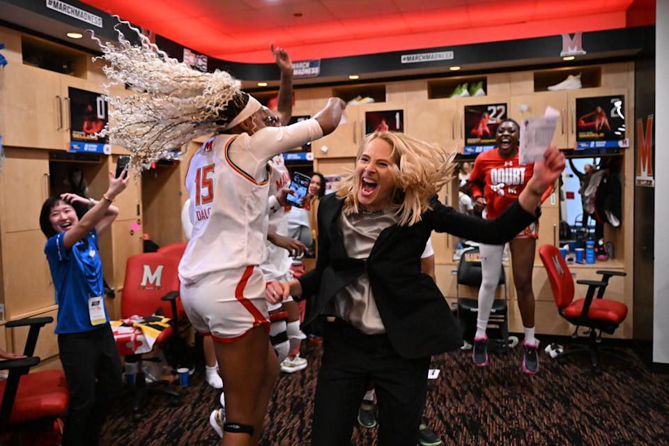 Maryland coach Brenda Frese celebrates with her players. (Greg Fiume/NCAA Photos via Getty Images)