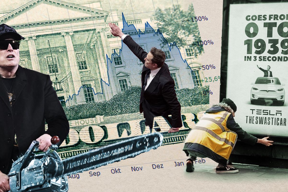 Montage: Mann mit Kettensäge, Politiker vor Diagramm, Gebäudesilhouette auf Geldschein, plakatverdächtiger Mann mit Tesla-Postern.