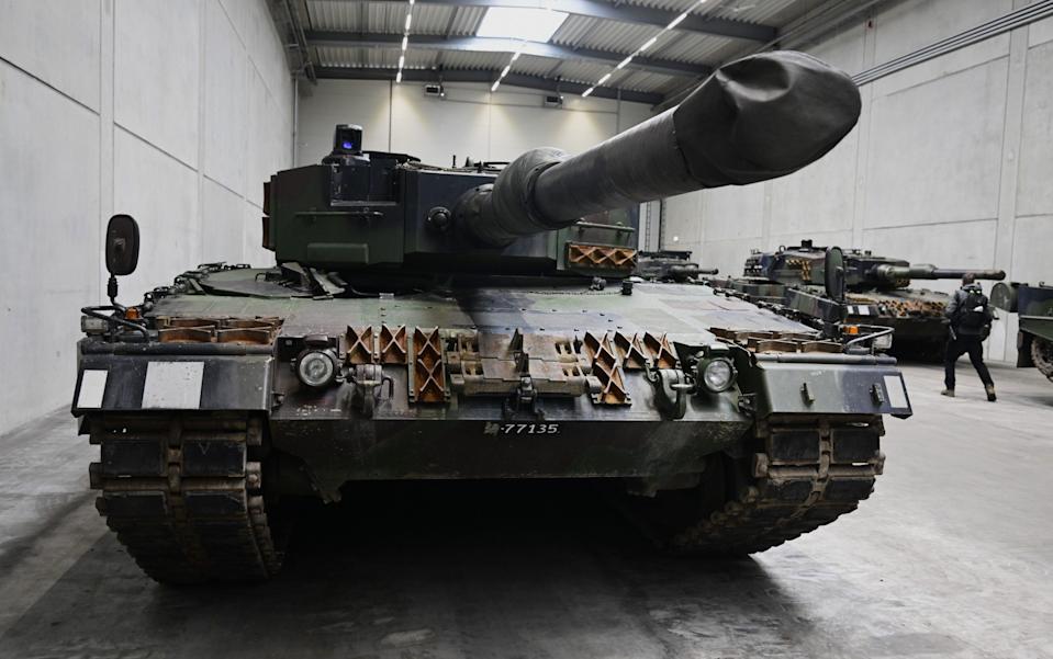 A Leopard 2 tank on a production line at German defence contractor Rheinmetall