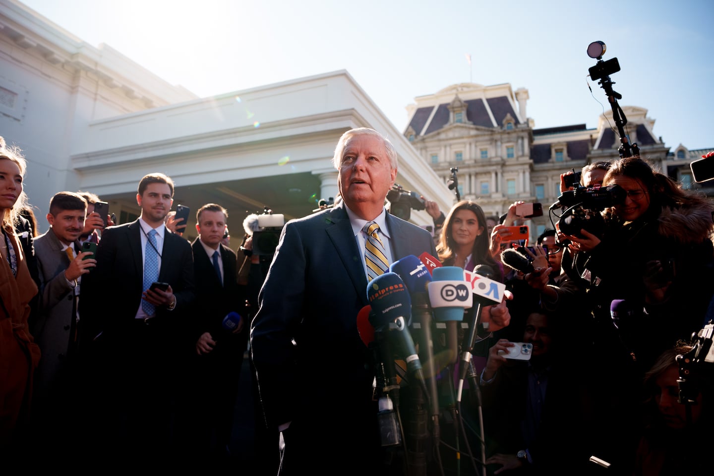 Senator Lindsey Graham speaks to reporters outside of the White House on Feb. 28, 2025 in Washington, D.C. 