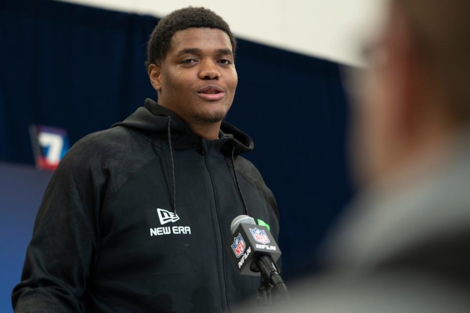 Mar 1, 2025; Indianapolis, IN, USA; Alabama A&M offensive lineman Carson Vinson (OL45) answers questions at a press conference during the 2025 NFL Combine at Indiana Convention Center. Mandatory Credit: Jacob Musselman-Imagn Images